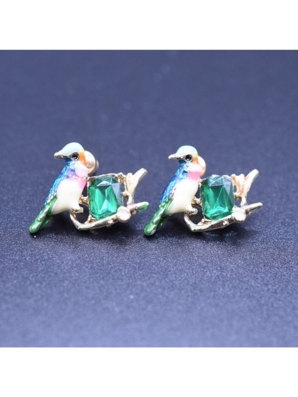 Vintage Bird-Inspired Enamel Earrings With Green Crystal Accents Post Back Desig